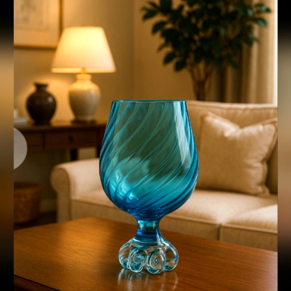 Vintage Handblown Aqua Blue Empoli-Style Glass Vase  Twirled Panel Design 9.5 T
